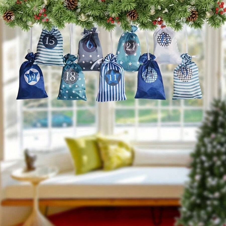 24 peças, calendário de advento de Natal, sacolas de Natal com fita de