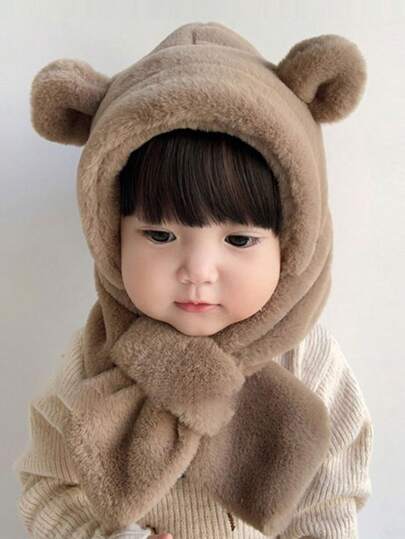 1 件婴幼儿毛绒帽子和围巾套装，冬季儿童保暖熊耳朵耳套，适合 5-18 个月大的女孩和男孩