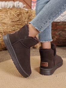 Jesienno-zimowe damskie brązowe, skórzane, wodoodporne, grube, polarowe, modne śniegowce i futrzane buty