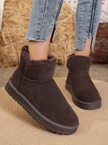 Jesienno-zimowe damskie brązowe, skórzane, wodoodporne, grube, polarowe, modne śniegowce i futrzane buty