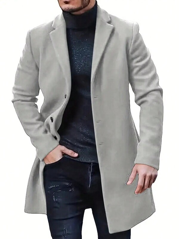 Classic Solid Color Long Sleeve Lapel Mid-Length Men's Casual Coat, Essential For Autumn/Winter, Suitable For Outdoor Activities And Versatile Wear
