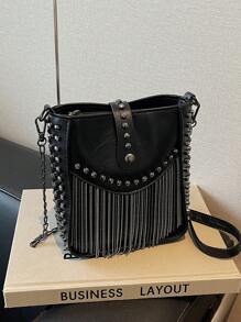 Túi đeo vai tua rua kim loại Punk Street dành cho nữ màu đen, hợp thời trang - màu đen - Xem 1