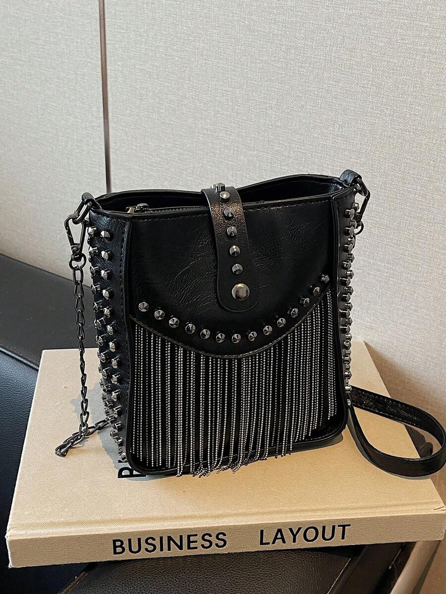 Túi đeo vai tua rua kim loại Punk Street dành cho nữ màu đen, hợp thời trang - màu đen - Xem 1