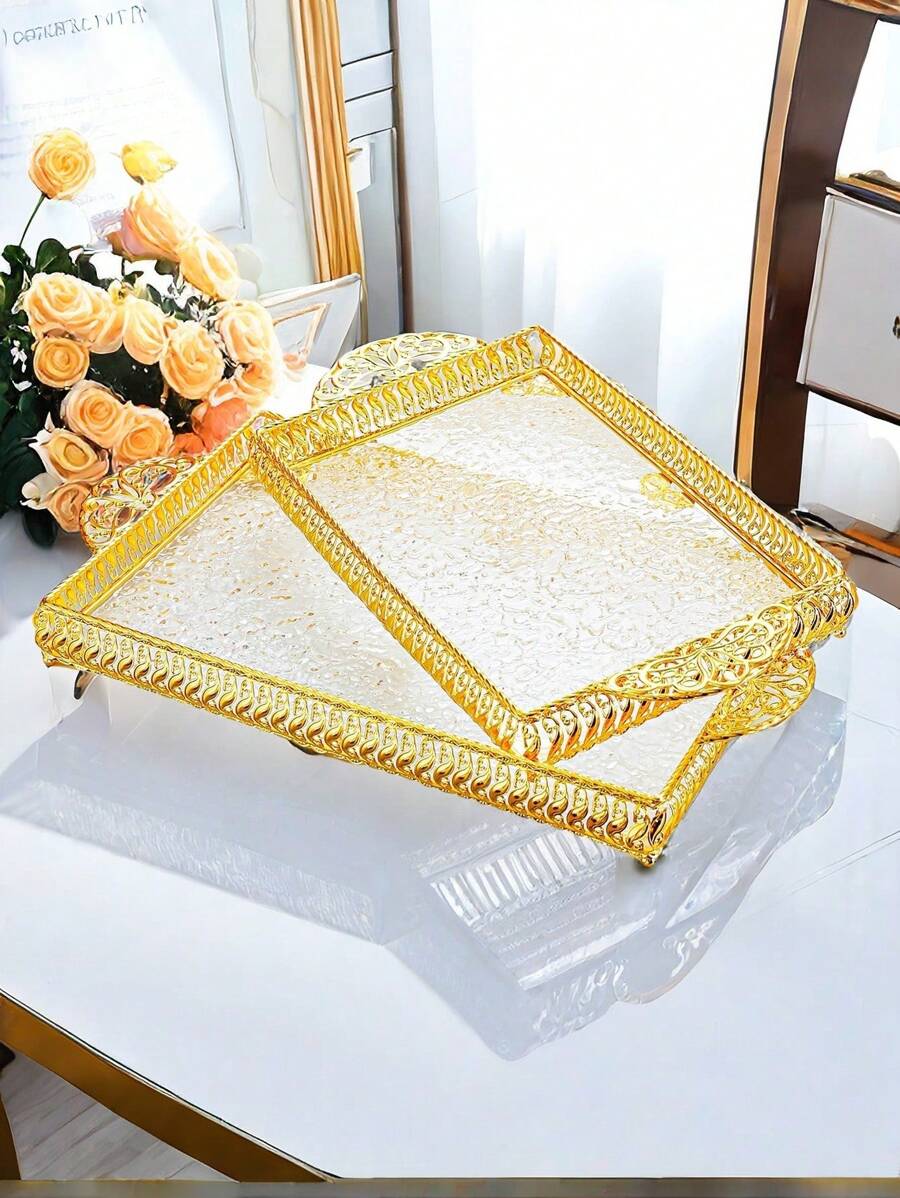 1 khay đựng đồ ăn hình chữ nhật bằng Acrylic sang trọng, màu vàng có tay cầm, chất liệu Acrylic bền, thiết kế họa tiết sóng, lý tưởng cho ngày lễ và mọi mùa, tuyệt vời để đựng bánh, đồ ăn nhẹ, đồ uống - Nhiều màu - Xem 1