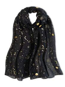 1 件优雅女士沙滩配饰金色星星和月亮围巾头巾、头巾、沙滩巾、日常穿着、节日装饰围巾冬季秋季