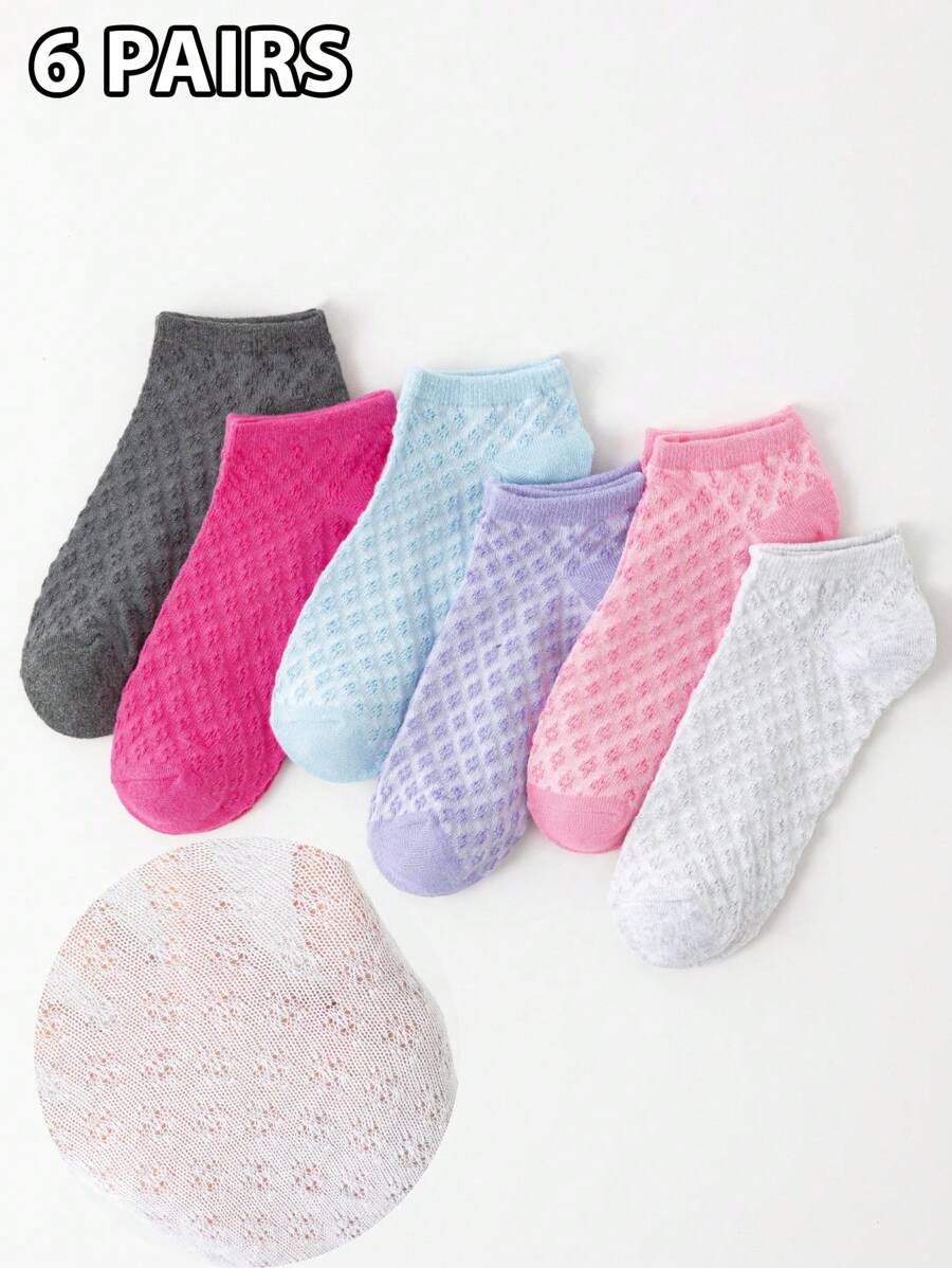 6双/套女士水钻格子镂空透气学生袜，适合学校日常使用 - 彩色 - 查看 1