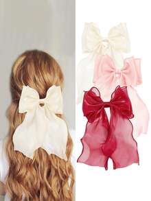 3 件装女士蝴蝶结大蝴蝶结发夹女孩丝质发夹长丝带蝴蝶结发夹带长尾复古女士派对发饰（勃艮第红、白色、粉色） - 彩色 - 查看 1