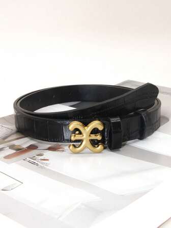 Plus Size Women's Black Crocodile Embossed Leather Belt For Jeans/Pants, Dresses With Solid Letter Buckle Waist Belt Summer, School Fall, Autumn, Halloween