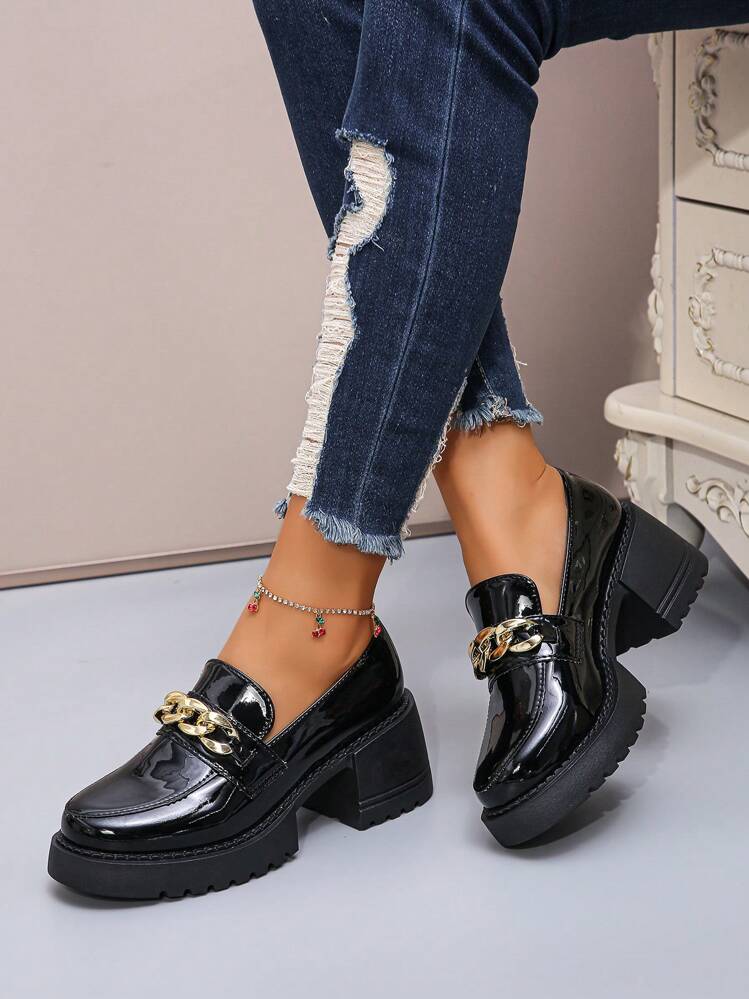 Zapatos de tacón alto con plataforma de moda para mujer, cómodos mocasines con hebilla clásica brillante, unicolor negro, cuña exterior con punta redonda, zapatos Oxford de tacón de cuña - Negro - Ver 3
