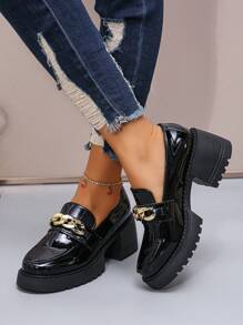 Giày cao gót đế xuồng thời trang mới dành cho nữ, giày lười thoải mái với khóa cài cổ điển bóng bẩy, giày Oxford mũi tròn đế xuồng màu đen trơn, kiểu dáng slip-on ngoài trời. - màu đen - Xem 4