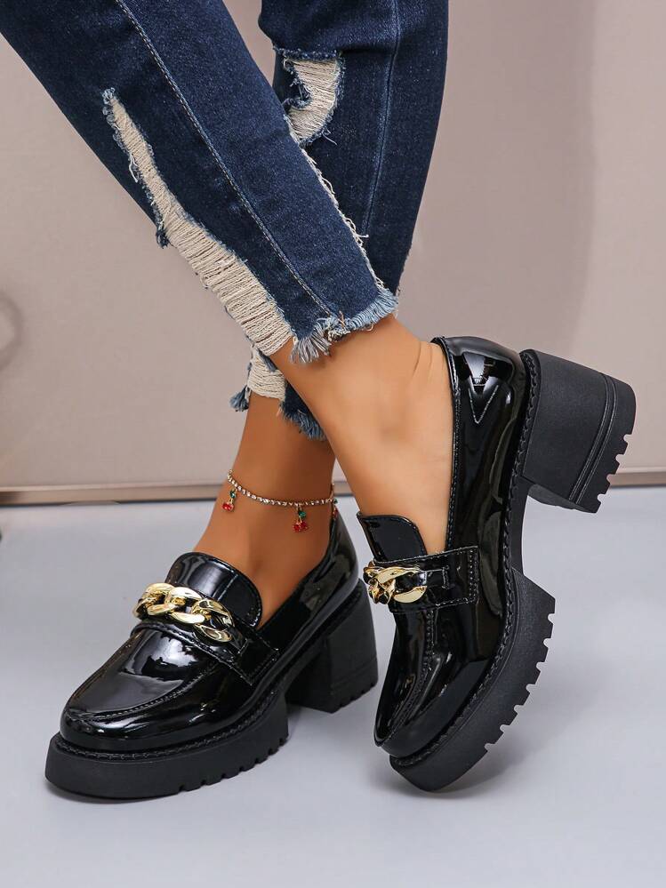 Zapatos de tacón alto con plataforma de moda para mujer, cómodos mocasines con hebilla clásica brillante, unicolor negro, cuña exterior con punta redonda, zapatos Oxford de tacón de cuña - Negro - Ver 4