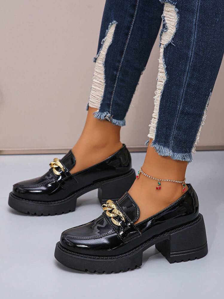 Zapatos de tacón alto con plataforma de moda para mujer, cómodos mocasines con hebilla clásica brillante, unicolor negro, cuña exterior con punta redonda, zapatos Oxford de tacón de cuña - Negro - Ver 2