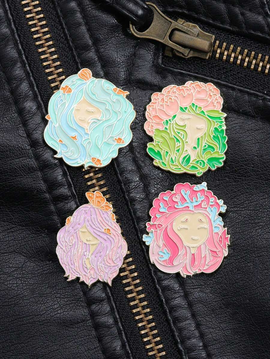 1 件可爱女孩风格胸针，金鱼、海洋、花卉、蝴蝶图案，金属徽章，适合年轻女士系列 - 彩色 - 查看 1