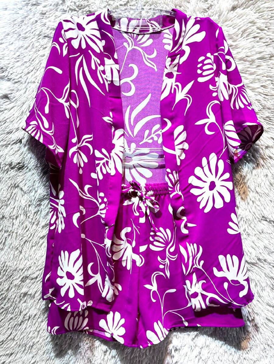 Women's Tropi Print Set With Shirt & Shorts J-1 - Màu tím - Xem 1