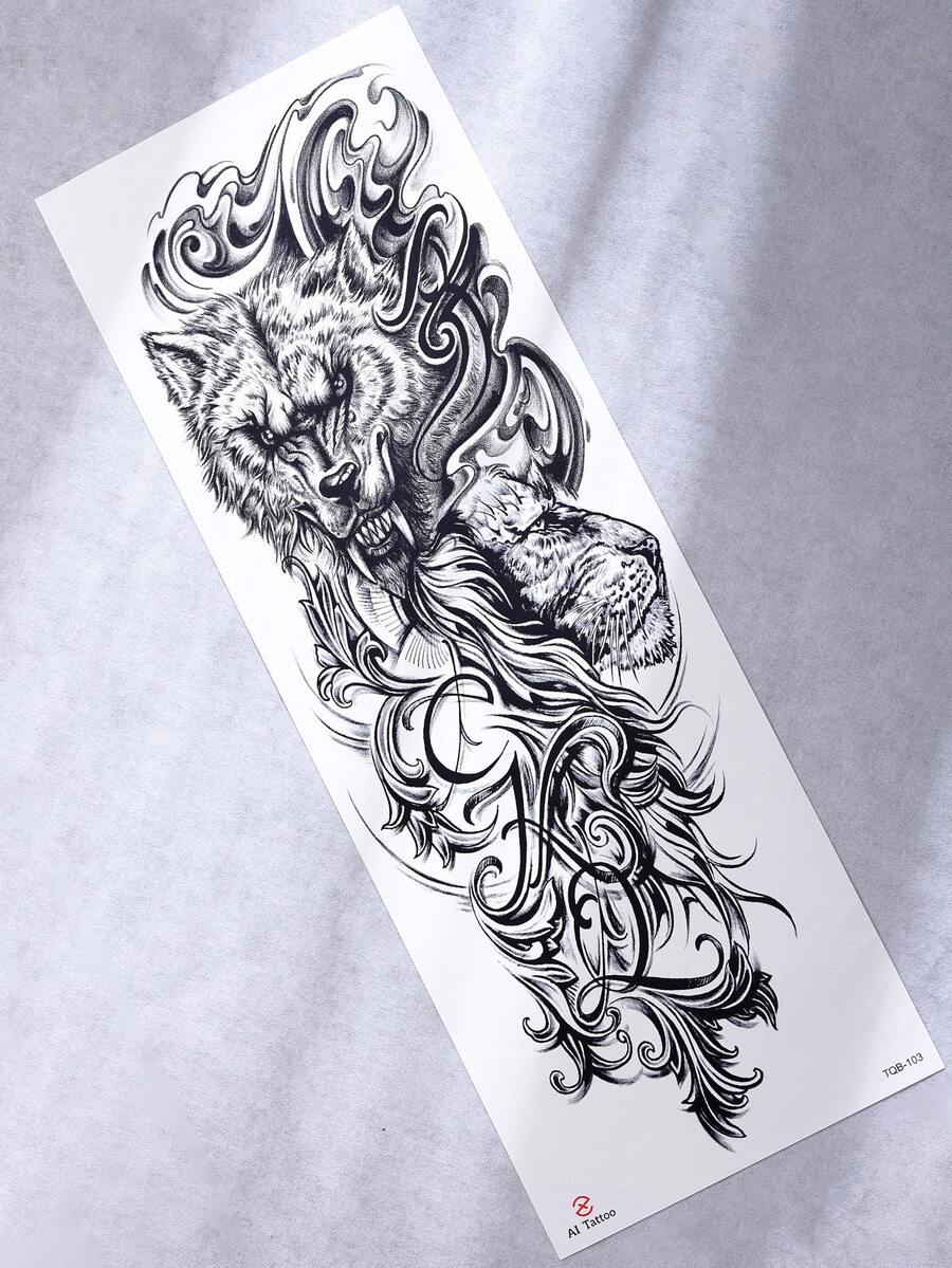 Beauty Sticker 1 件临时全臂纹身贴纸，3D 狼部落逼真假纹身，防水防汗，适合成年男性 - 黑色 - 查看 1