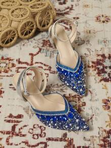 Women's Fashion Pointed Toe Stiletto Heel Slip-On Pumps, Versatile For Daily Commute, Party, Wedding, New Rhinestone Decor, Elegant - Royal Blue - View 4