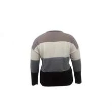 Plus Size Women Striped Crew Neck Long Sleeve Knitted Sweater, For Winter - Grey - View 2
