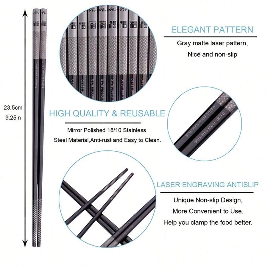 10Pairs Metal Reusable Ramen Square Chopsticks Non Slip 18 10