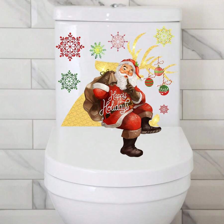 1 件创意圣诞老人与雪花设计浴室厕所墙贴花贴纸，家居装饰 - 彩色 - 查看 1