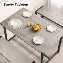 Dining Table Set For 4, Kitchen Table With 2 Upholstered Benches, 3 Piece Dining Room Table Set, Rectangular Space Saving Kitchen Table Set For Apartment, Studio, Home, Marble White, Rustic Black, Rustic Brown, Rustic Gray - 質樸灰 - 查看 5