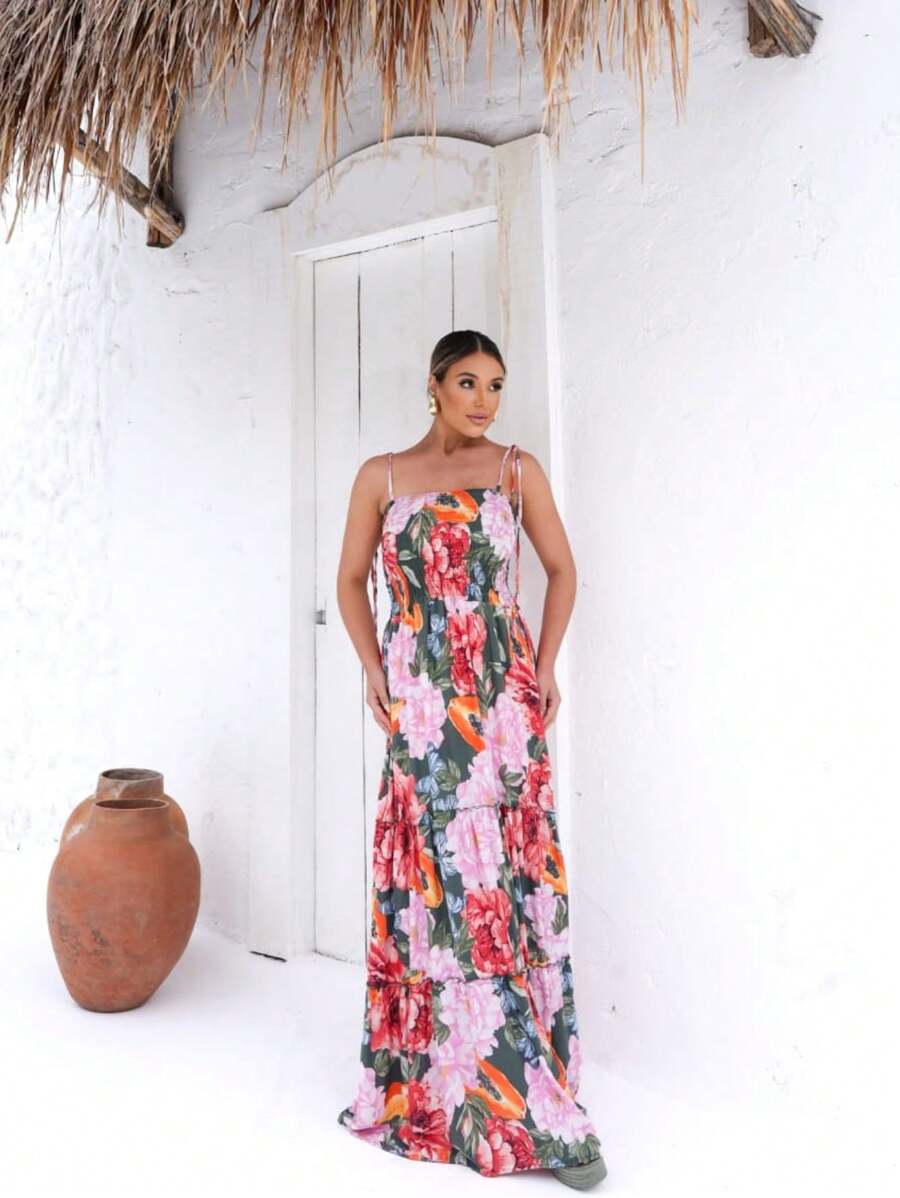 LONG DRESS CAIO V. SUMMER PRINTED STRAPS - 綠色 - 查看 1