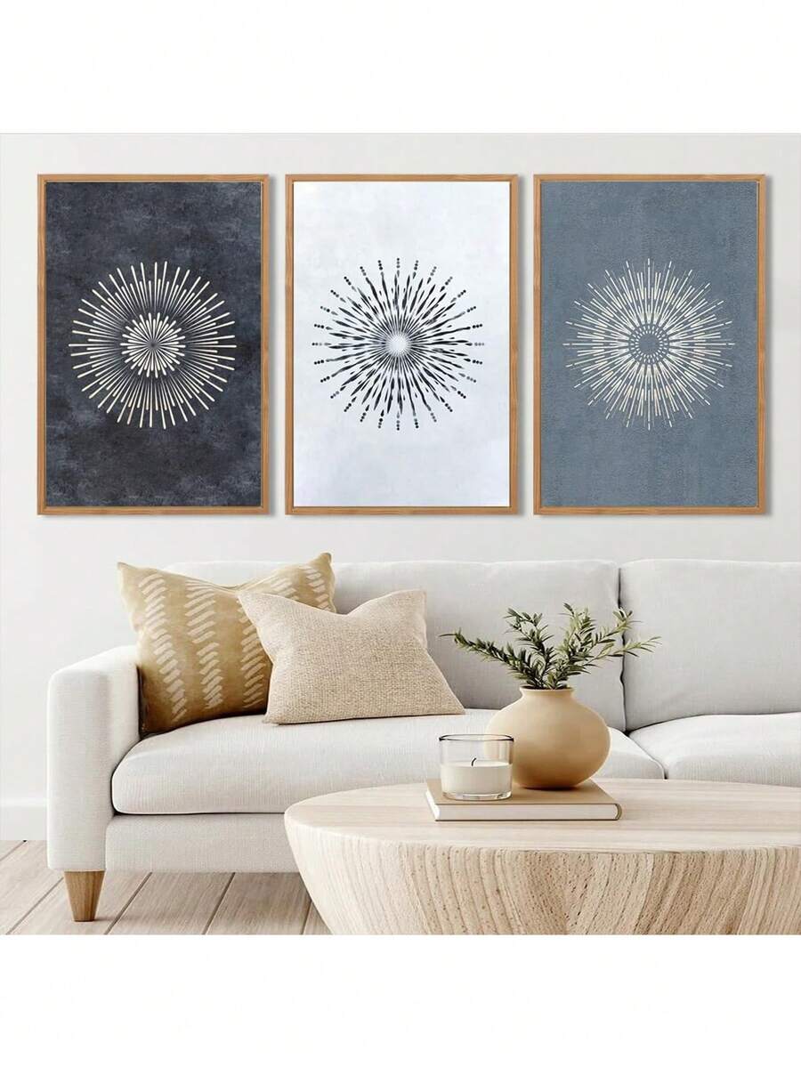 Bộ 3 bức tranh vải canvas không khung họa tiết mandala trung tính hiện đại thời trung cổ trang trí tường trừu tượng hình vòng tròn hình học - Nhiều màu - Xem 1
