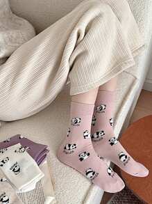 5 双女式可爱熊猫印花透气中筒袜 - 彩色 - 查看 7