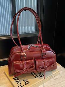 女士大容量手提包带多个口袋，时尚腋下包，适合通勤、音乐节、派对、送礼（不含额外配件） - 酒紅色 - 查看 4