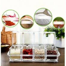 Juego de 8 piezas organizador de especias de acrílico con tapas y cucharas - Tarros de especias, condimentos y almacenamiento de cocina para sal, azúcar y especias de plástico sin plomo, transparente