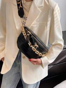 时尚经典复古腰包，鳄鱼压纹 PU 材质，实用，适合所有年龄段，防盗拉链，背包款式，宽肩带，金属独角兽装饰 - 黑色 - 查看 4