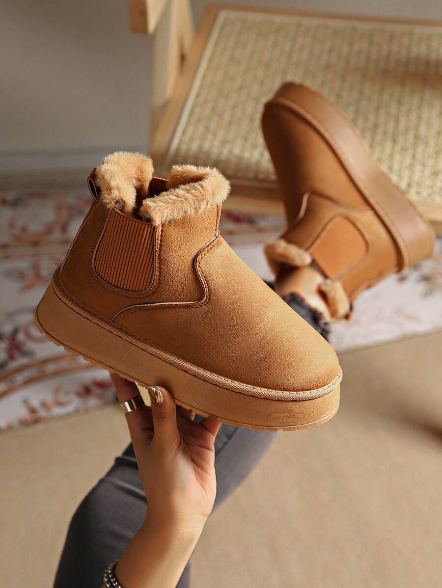 Women's Outdoor Casual Boots/Women's Fashion Boots/Women's Autumn Winter Shoes/Women's Warm Snow Boots/Women's Fashionable Solid Color Cute Daily Waterproof Platform Slip-On Warm Snow Boots - Brown - View 1