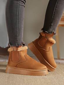 Women's Outdoor Casual Boots/Women's Fashion Boots/Women's Autumn Winter Shoes/Women's Warm Snow Boots/Women's Fashionable Solid Color Cute Daily Waterproof Platform Slip-On Warm Snow Boots - Brown - View 4