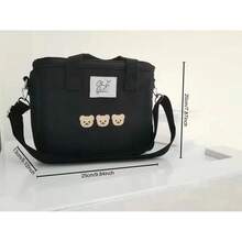 2024 韩国 Ins 风格熊刺绣保温手提包，多功能帆布野餐包，斜挎包和手提包，适合母婴 - 黑色 - 查看 2