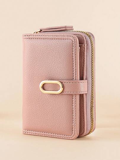 Fashionable Gold-Tone Buckle Fold Short Simple Elegant Litchi Leather Zip Wallet Wallet For Cards Card Holder Pink Bag Thanksgiving For Women Wallet Purse Wallet