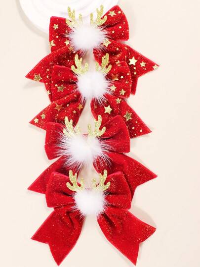 2pcs/Set Girls Chinese New Year Red Pompom Bow Hair Clips, Elegant Party Versatile Hair Accessories Valentine's Day