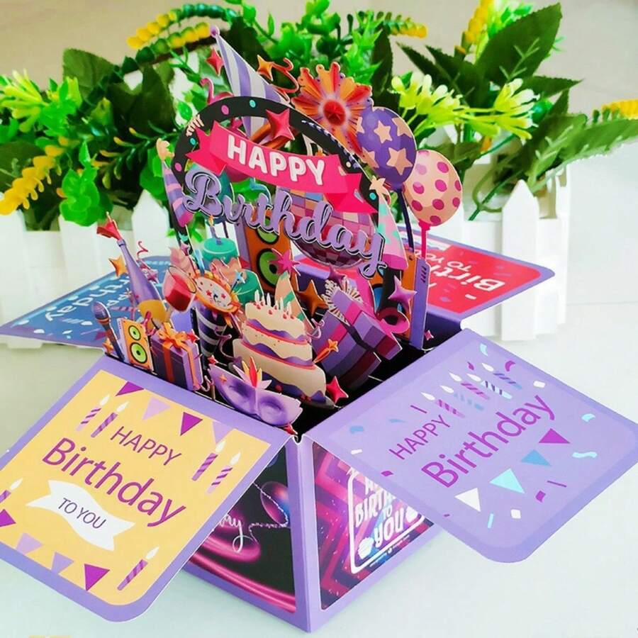 1 张彩色“生日快乐”3D 激光切割镂空卡片，创意手工生日贺卡 - 彩色 - 查看 1