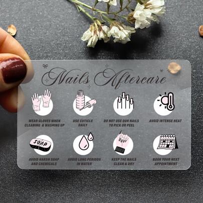 52 piezas Tarjetas transparentes claras de 2.09"X3.35" para cuidados posteriores de uñas, instrucciones de cuidado de uñas, tarjetas de atención al cliente de manicura, tarjetas de plástico PVC para salón de belleza de uñas, de vuelta a la escuela