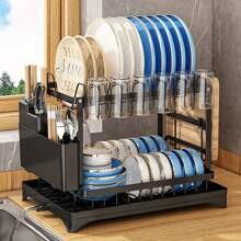 1 件节省空间的 2 层碗碟架，带多功能存储 - 水槽上方设计，可拆卸杯子和餐具架，沥水板 - 厨房收纳架，别致的白色 - 彩色 - 查看 14