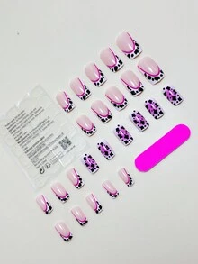 24 件/套秋冬法式牛光环压贴短方形美甲套装，+ 1 件凝胶果冻 + 1 件指甲锉装饰您的指甲并提升您的风格，精致的设计，适合女性日常生活和派对使用，女士礼物 - 彩色 - 查看 2