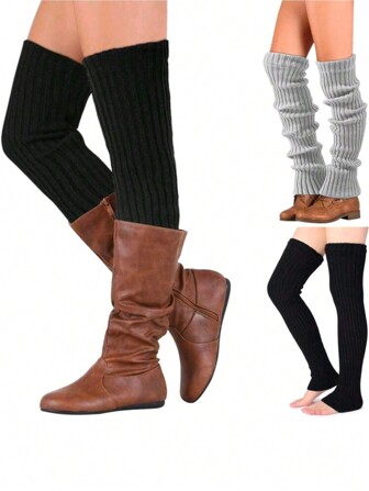 Scaldamuscoli autunnali e invernali, calze al ginocchio, polsini per stivali lavorati a maglia, calze per donna, confortevoli e casual, accessori con colori uniti e righe dritte per le donne