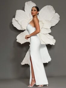 手工串珠单肩针织绷带紧身连衣裙，优雅适合家庭聚会、派对和晚会