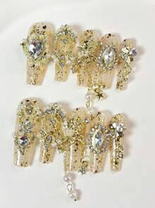 10片纯手工精致奢华气质高端闪亮假指甲，带链坠，镶嵌立体华丽水钻，美甲饰品，家用美甲设计人造指甲，立体水钻美甲饰品，按压式指甲，美甲用品，手工按压式指甲 - 金色 - 查看 23