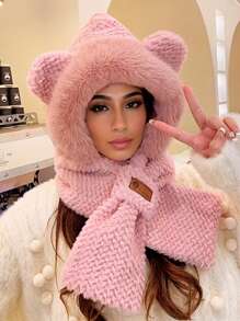 1 件女士一体式帽子和围巾套装，保暖防风护耳帽，可爱甜美，适合骑行，适合日常通勤和校园穿着，秋冬季