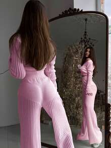 1 Set Knitted See-Through Solid Color Hollow Out Top And High Waist Long Pants Business Wear Suit