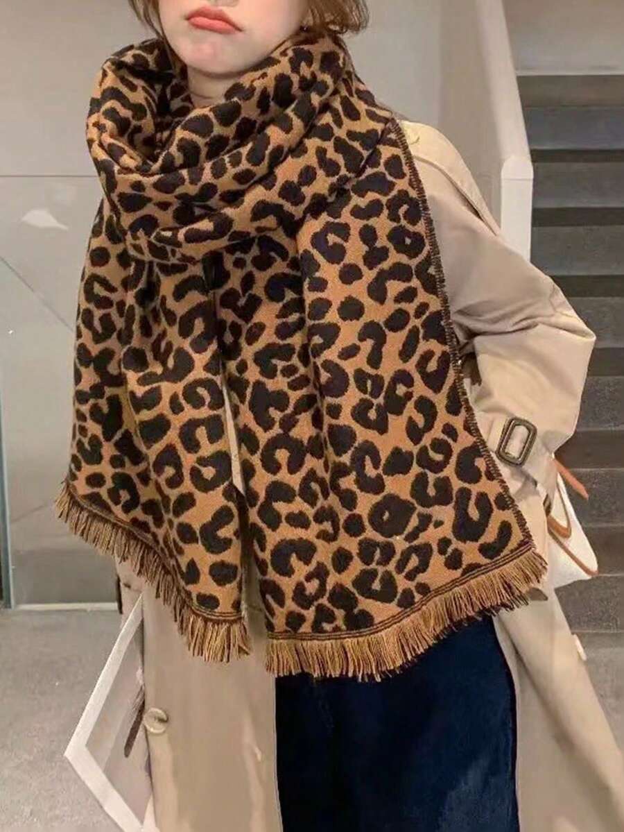 1 chiếc khăn choàng cổ Cashmere giả họa tiết da báo dày ấm áp dài tua rua cho nữ mùa thu đông - Nhiều màu - Xem 1