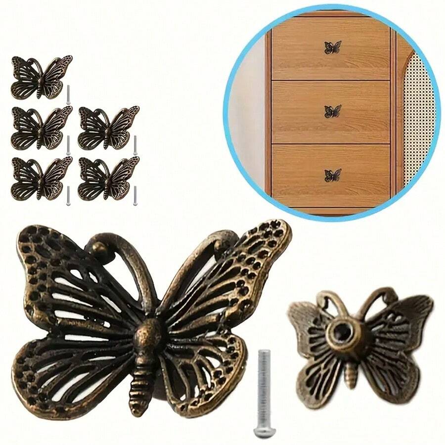 5 cái/bộ Núm ngăn kéo hình bướm cổ điển, Chất liệu hợp kim kẽm, Núm trang trí cho tủ quần áo, tủ và hộp đựng đồ trang sức, Bao gồm phần cứng lắp đặt Tay kéo và tay nắm ngăn kéo, Núm hình bướm cho ngăn kéo
