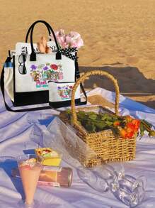 黑白帆布、带化妆包的手提包、教师花朵和蜜蜂图案、可重复使用的杂货店购物手提包和化妆包、带肩带的手提包和化妆包、带侧袋的个性化礼品袋、最佳教师圣诞节、感恩节礼物、最佳教师圣诞节礼物 - 黑與白 - 查看 7