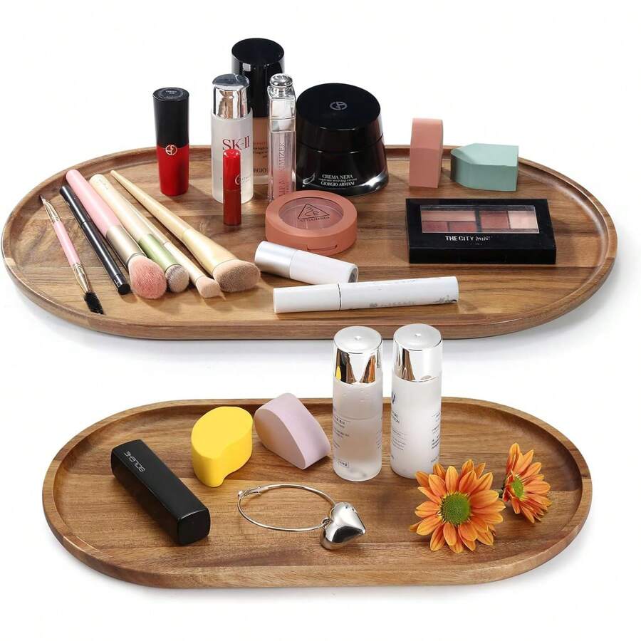 Acacia Wood Oval Wooden Tray, Long Wood Serving Trays For Bathroom, ,Toilet Tank Tray ,Perfume Cosmetics Tray For Bathroom ,Counter Dresser Tops, Board For Dessert Appetizer,Charcuterie Plates Board Wood ,Cheese Plate Fruit - Multicolor - View 1