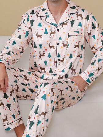Two Pieces Sets Men's Sleepwear Autumn And Winter Casual Cardigan Christmas Long Sleeved Pants Party Christmas Tree Reindeer Pattern Pajamas Home Suit Set, Fall Clothes