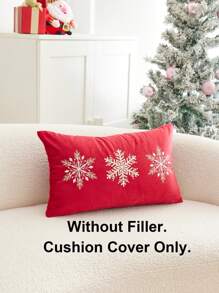1 pièce Housse de coussin de Noël avec broderie flocon de neige rouge, pour la décoration intérieure, taie d'oreiller décorative de Noël, sans rembourrage inclus